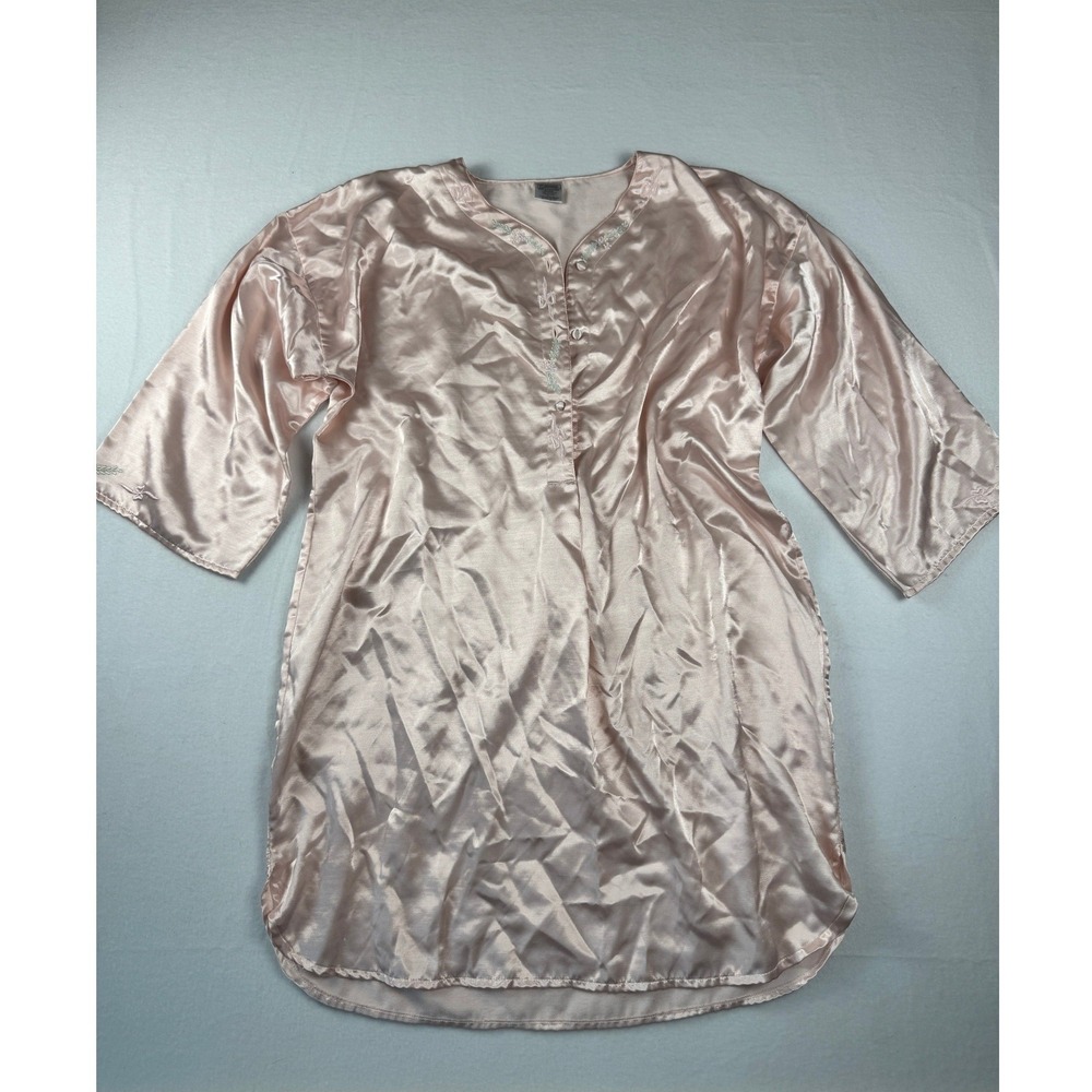 Vintage Etienne Satin Nightgown Blush Pink Floral Embroidered Sleep Shirt L
